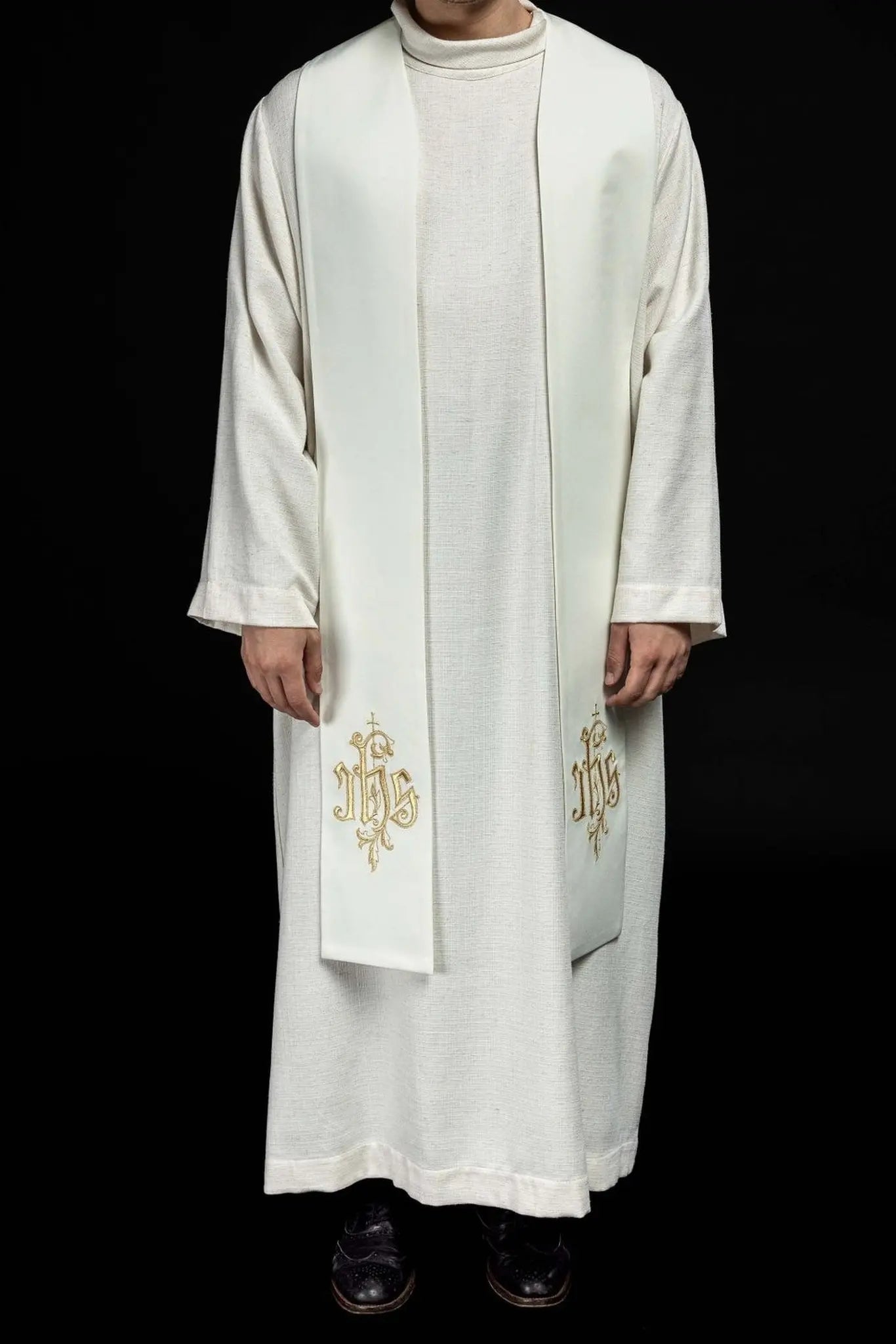Stuła liturgiczna ecru z haftem IHS