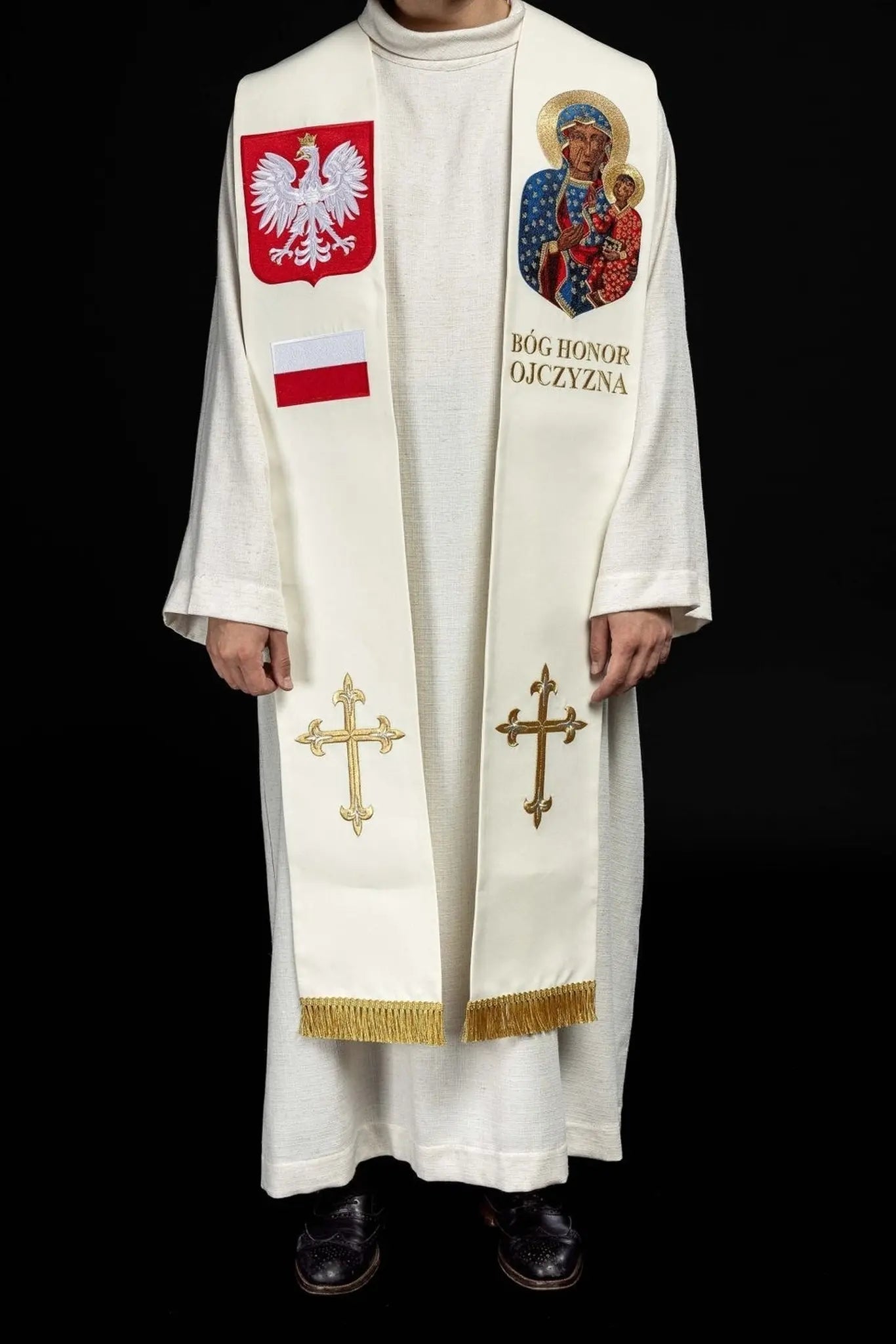 Stuła liturgiczna ecru z haftem maryjnym