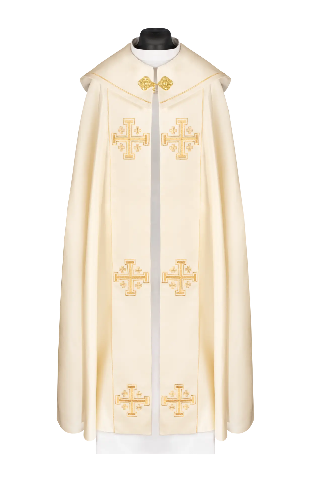 Kapa liturgiczna ecru z aksamitnym pasem i haftowanymi krzyżami – widok główny