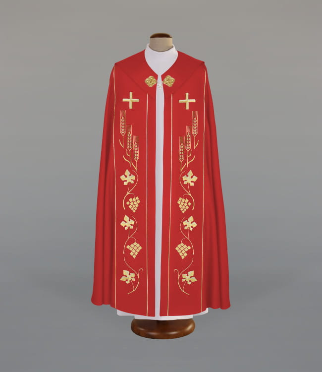 Kapa liturgiczna czerwona z haftami, klamrą i pomponem – widok główny
