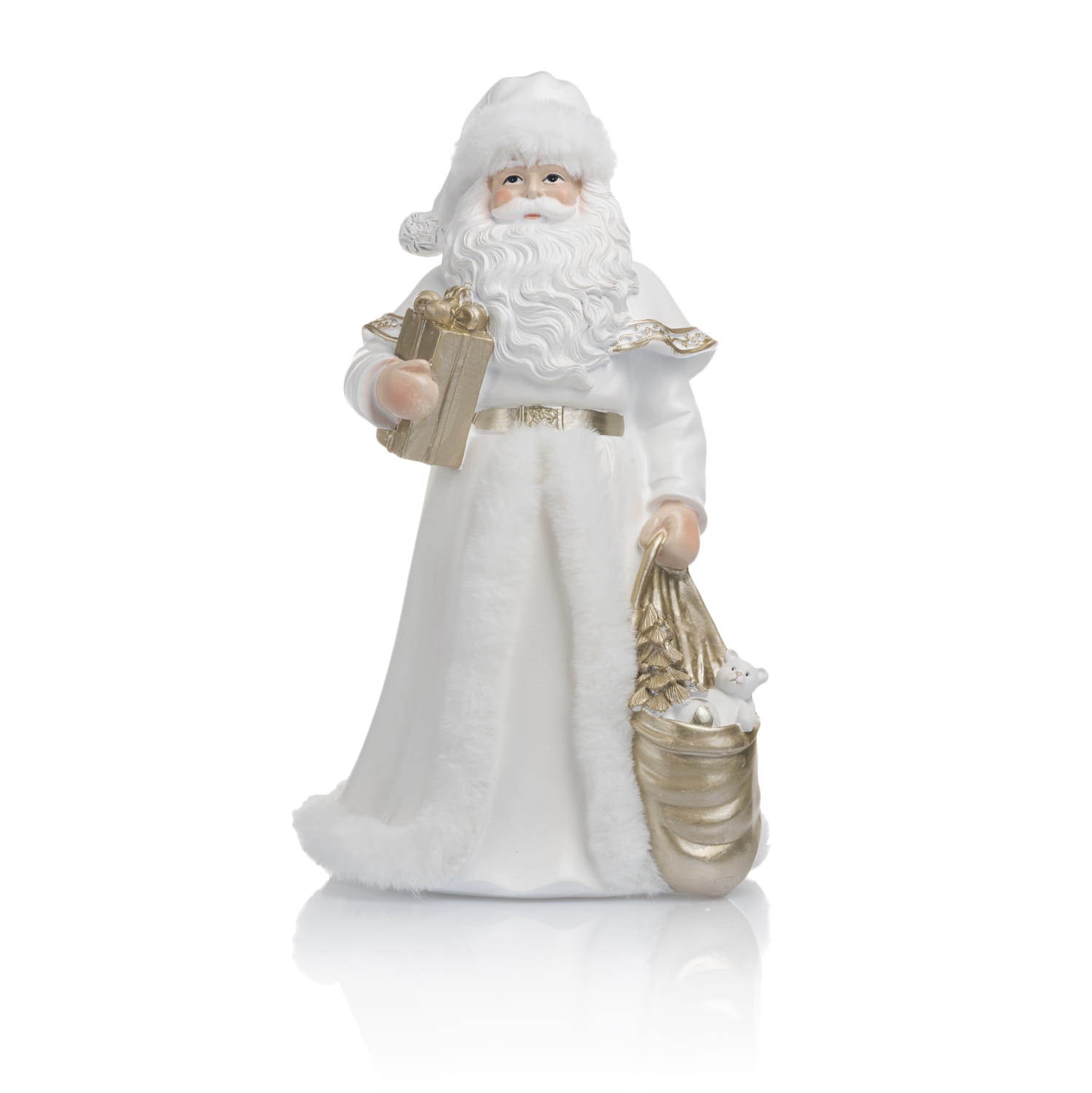 Mikołaj z prezentem Favola 30 cm - biała figurka - przód Mikołaja