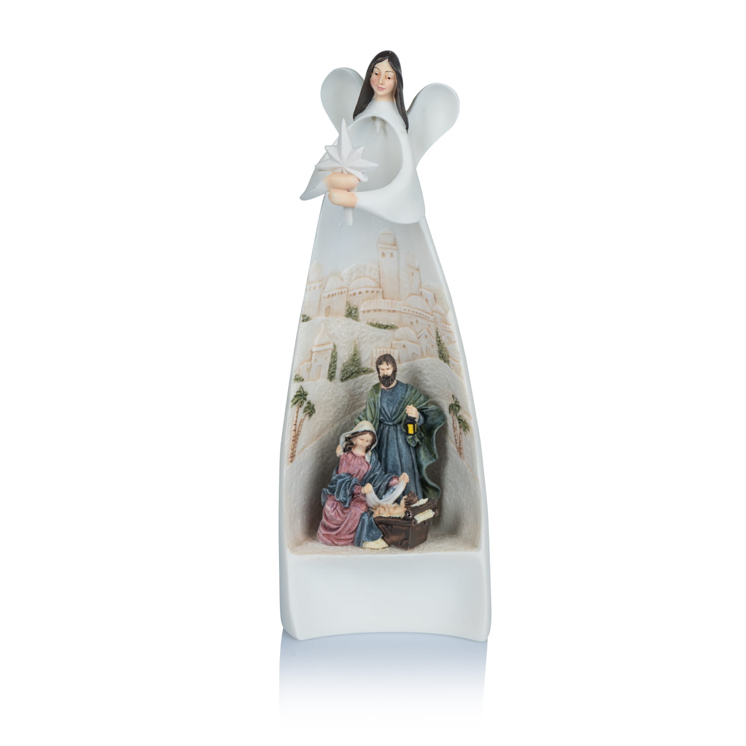 Anioł ze Świętą Rodziną Bianco 19,5 cm - podświetlany - widok główny