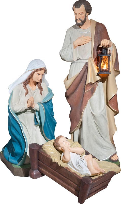 Duże figury Świętej Rodziny z Józefem trzymającym latarnię - Maryja, Józef i Dzieciątko Jezus