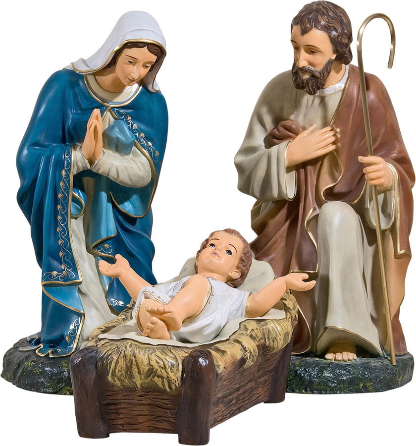 Święta Rodzina przy żłóbku z klęczącym Józefem - Maryja, Józef i Dzieciątko Jezus