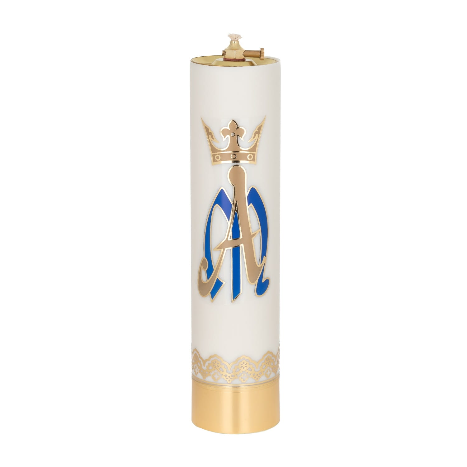 Świeca olejowa ecru z emblematem maryjnym 31 × 7,5 cm - widok produktu