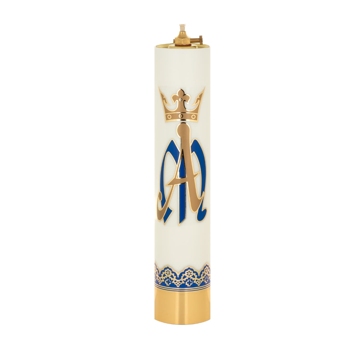 Świeca olejowa biała z emblematem maryjnym 31 × 6,3 cm - widok produktu