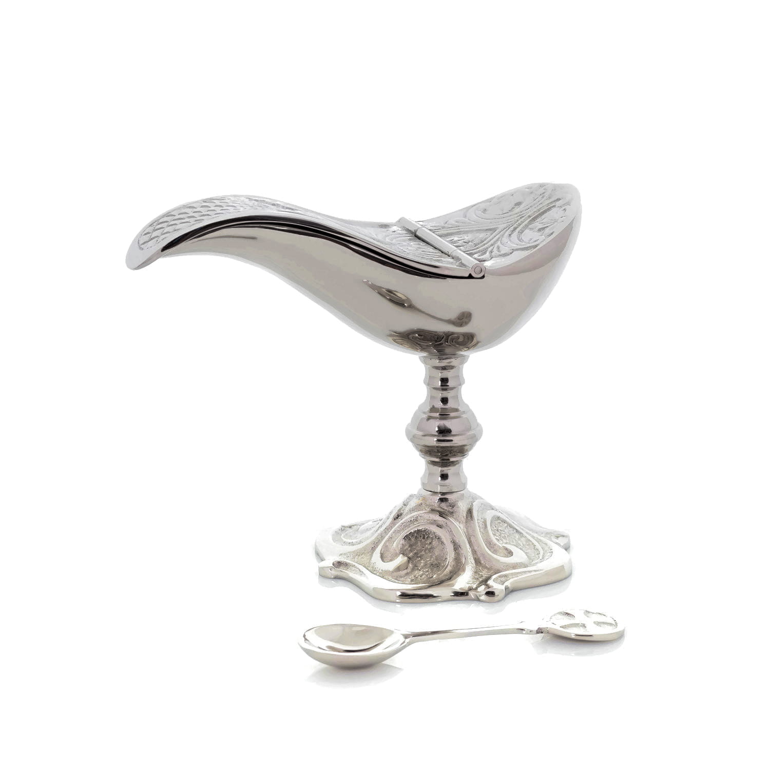 Łódka mosiężna, niklowana z łyżeczką