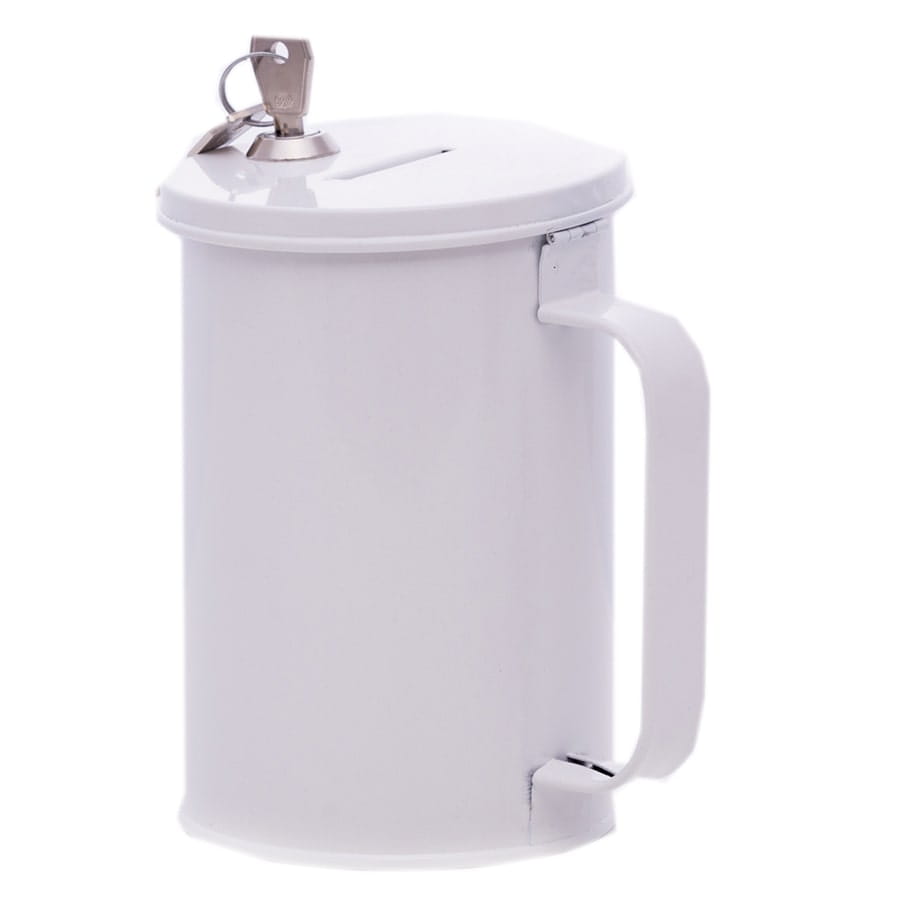 Metal donation can with key, white