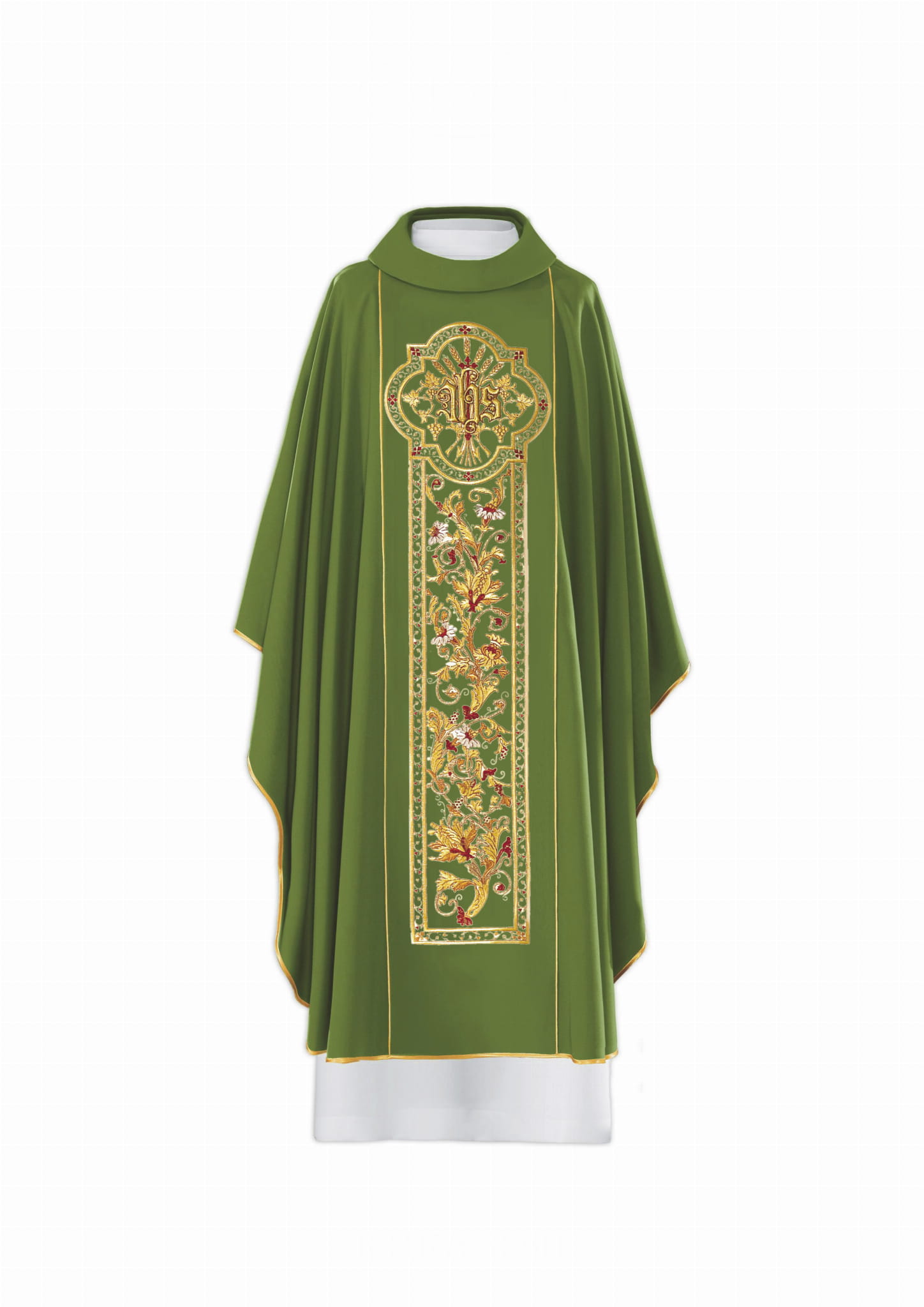 Ornat IHS z bogatymi haftowanymi zdobieniami.