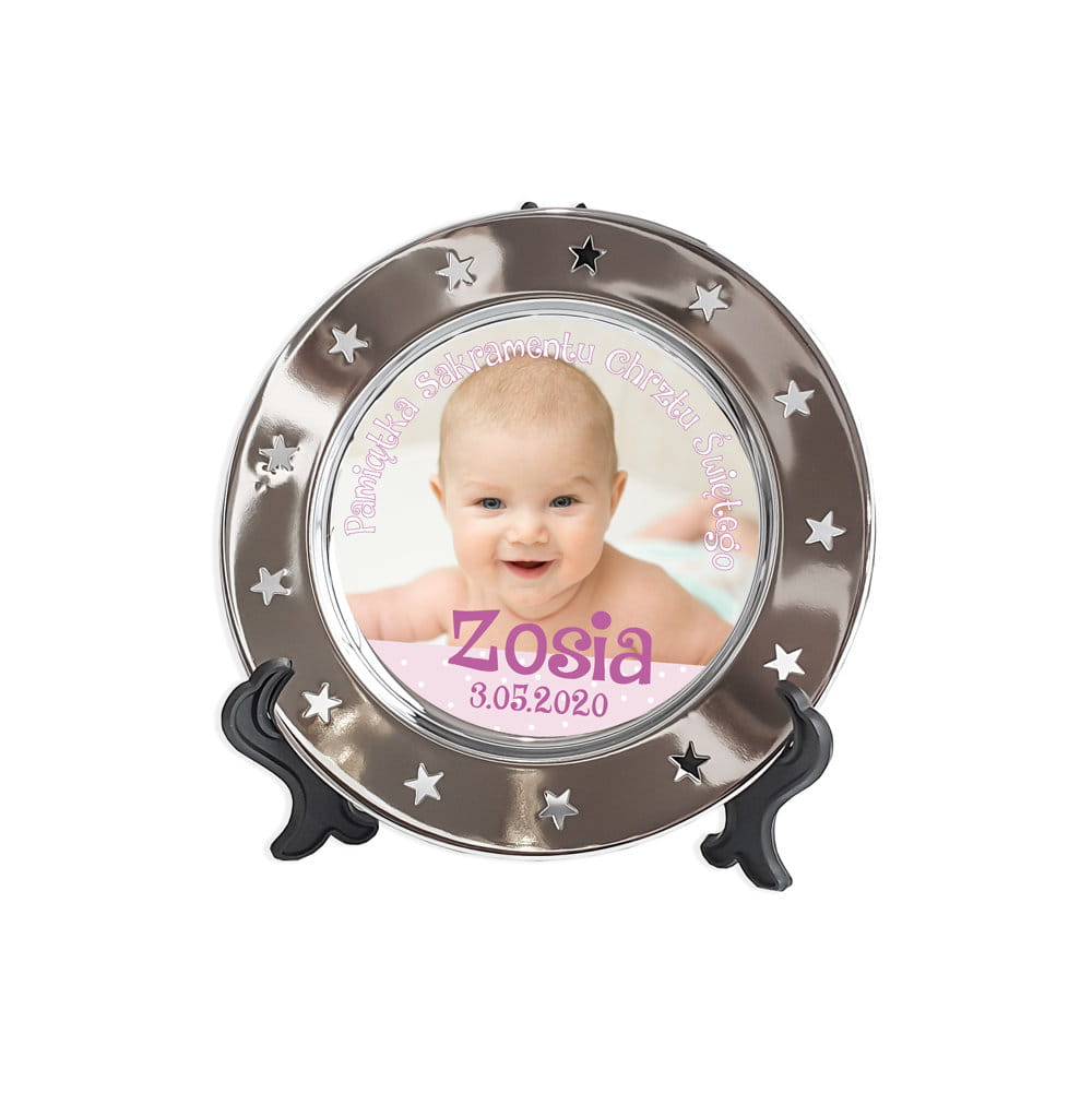 Talerz metalowy Pamiątka Chrztu Świętego dziewczynka, 15cm