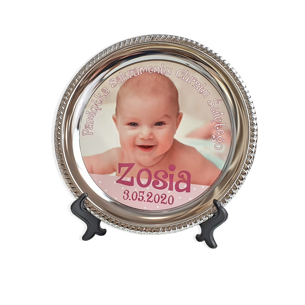 Talerz metalowy Pamiątka Chrztu Świętego dziewczynka, 25cm